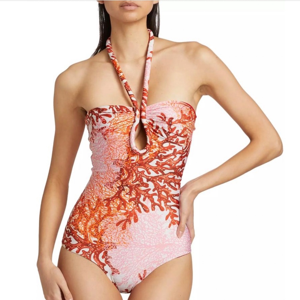 Silvia Tcherassi Coral Frazer Branch Adjustable Halter Neck One-Piece Swimsuit S